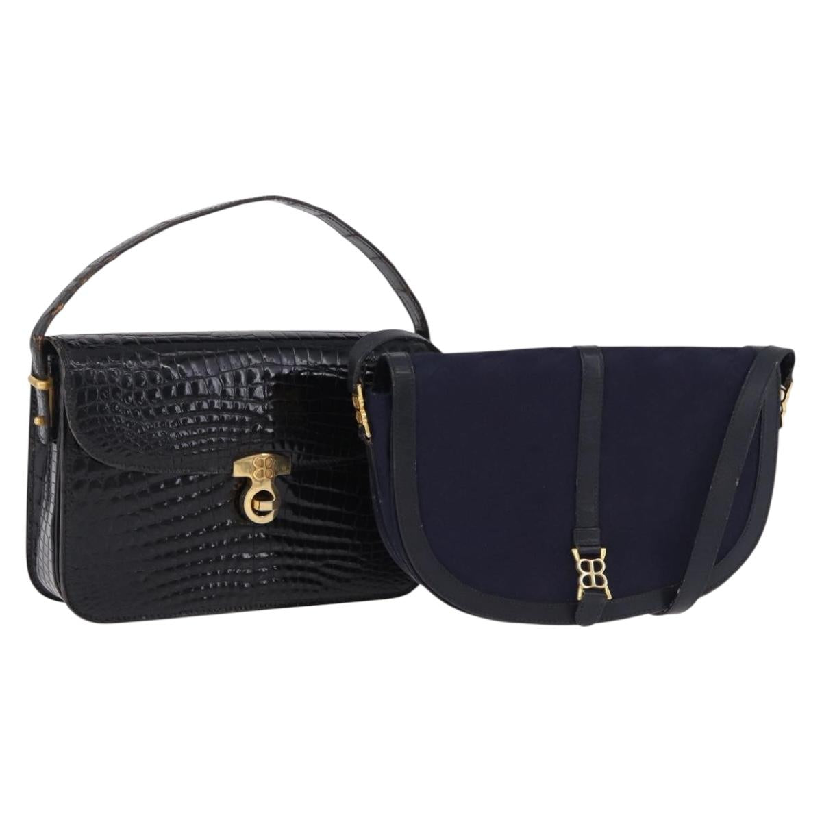 BALENCIAGA Shoulder Bag Leather Canvas 2 Set Black Navy Auth 190002