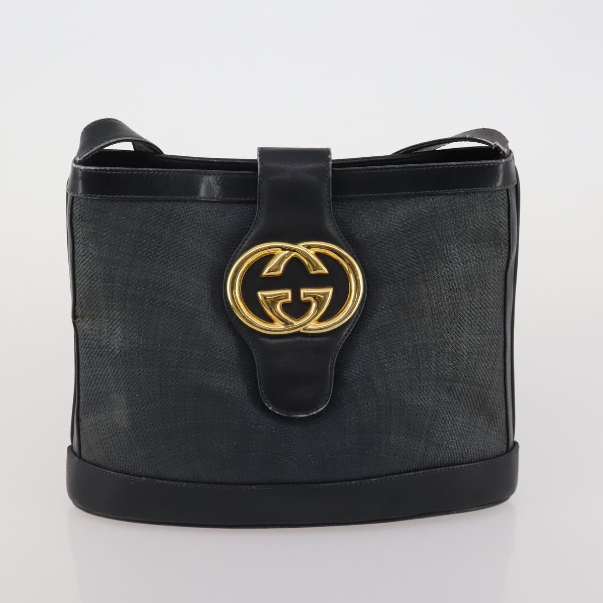 GUCCI GG Canvas Hand Bag PVC 3 Set Black Beige Silver Auth 190003