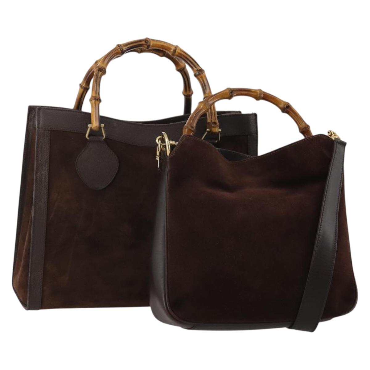 GUCCI Bamboo Hand Bag Suede 2way 2 Set Brown Auth 190005