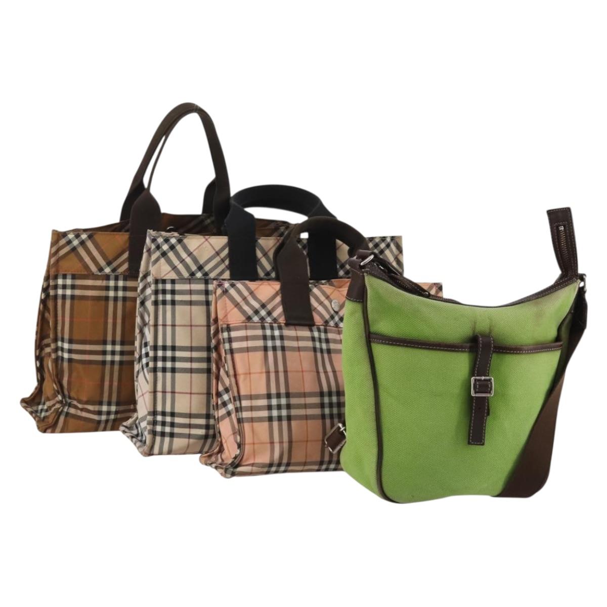 BURBERRY Nova Check Blue Label Hand Bag Canvas 4 Set Green Beige Auth 190010