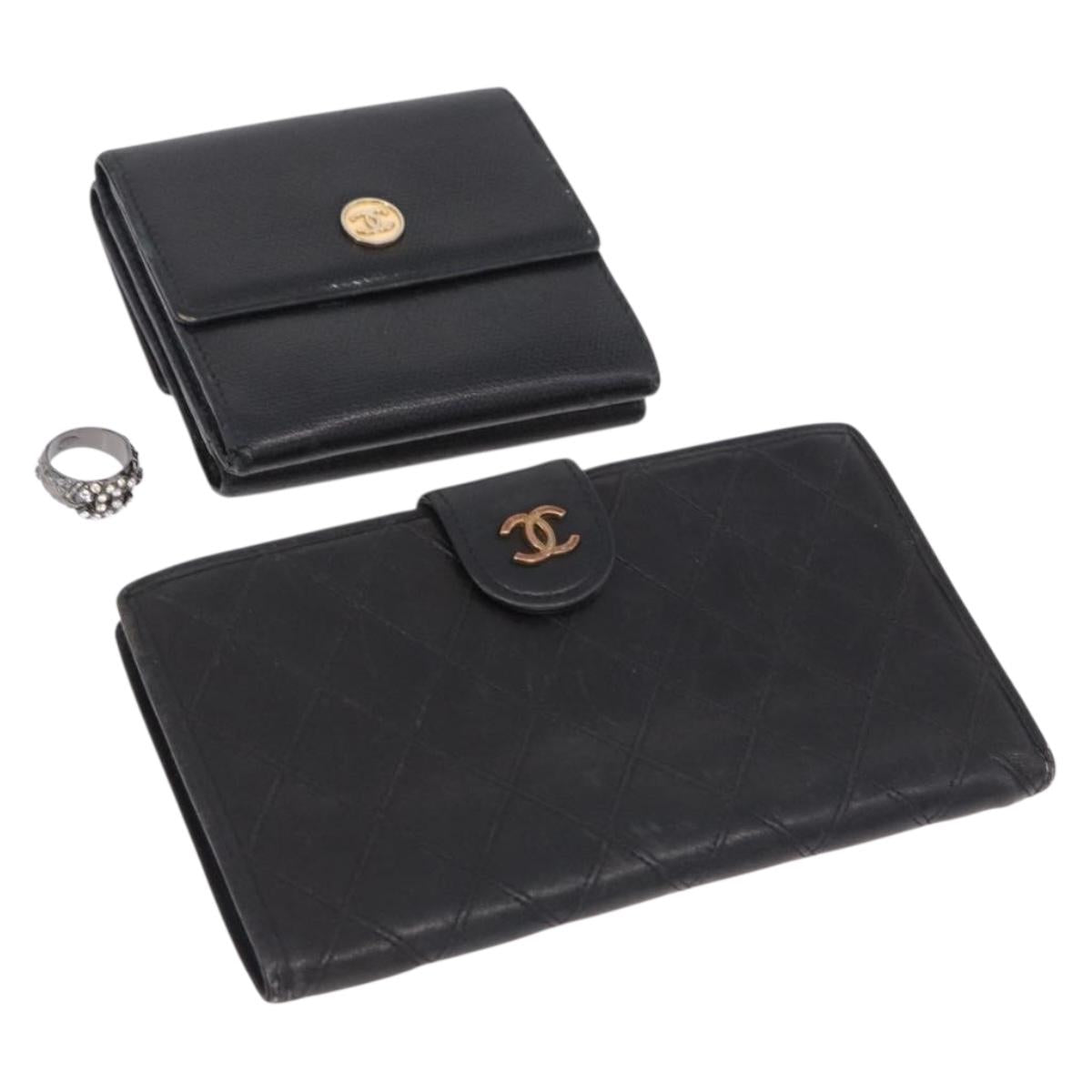 CHANEL Wallet Leather 3 Set Black CC Auth 190017