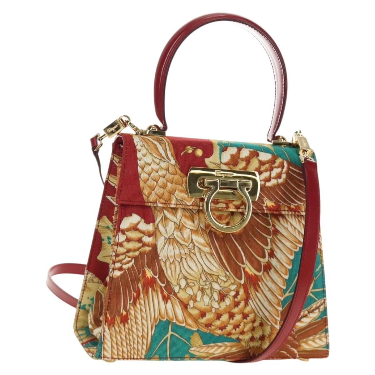 Salvatore Ferragamo Gancini Hand Bag Canvas 2way Red Gold Auth 190024SAM