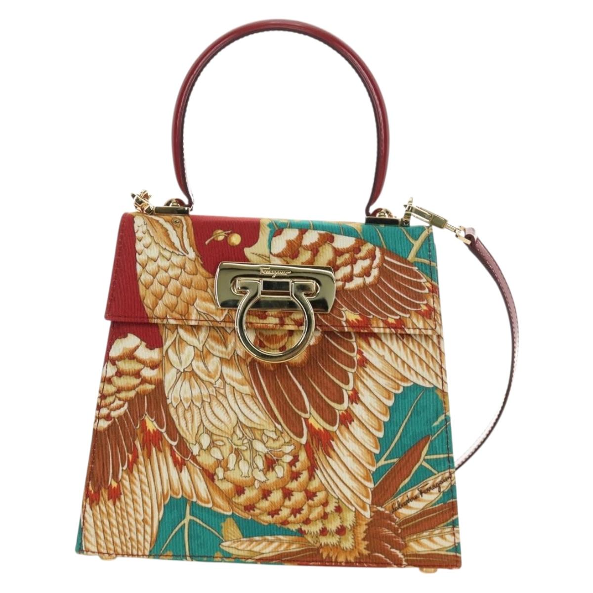 Salvatore Ferragamo Gancini Hand Bag Canvas 2way Red Gold Auth 190024SAM