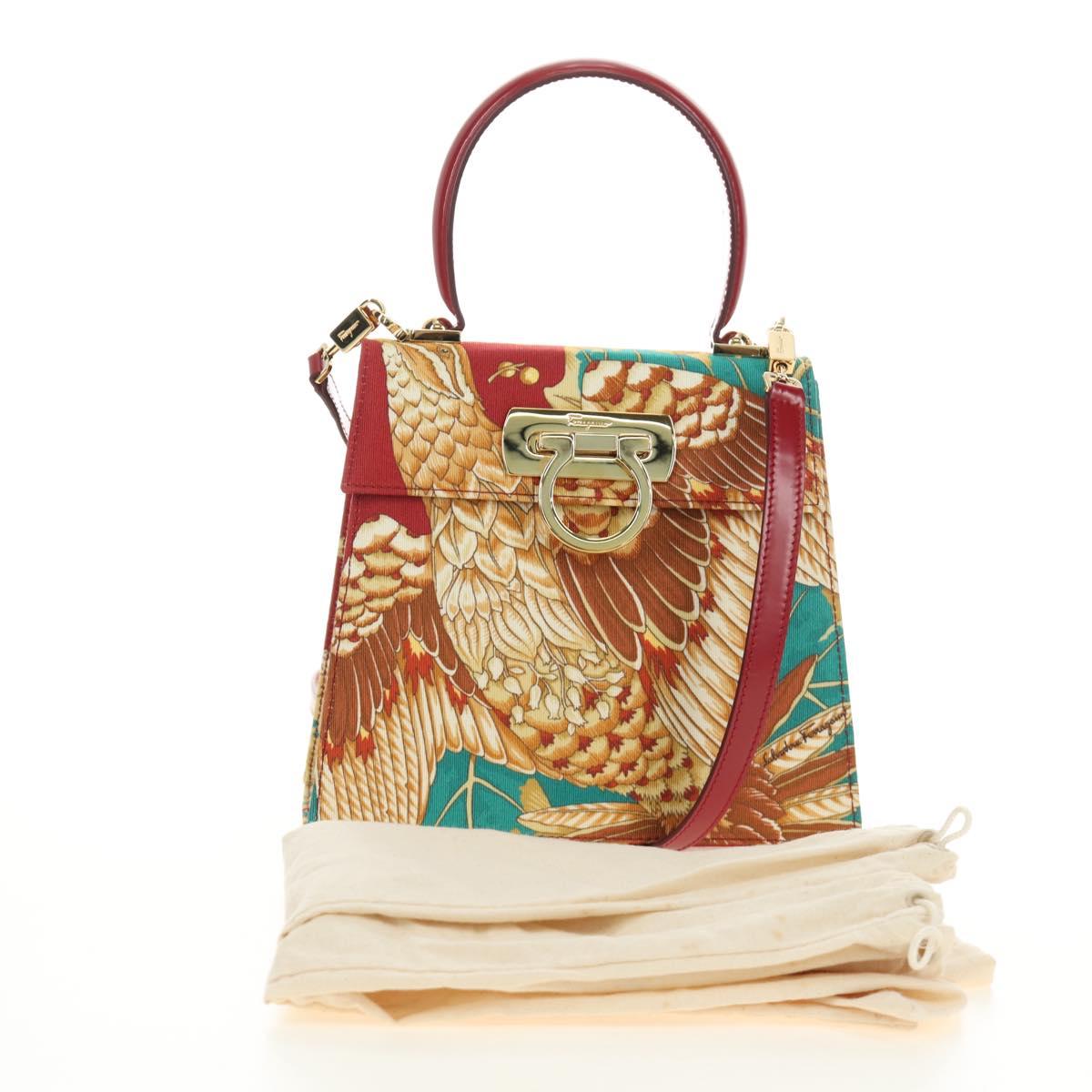 Salvatore Ferragamo Gancini Hand Bag Canvas 2way Red Gold Auth 190024SAM