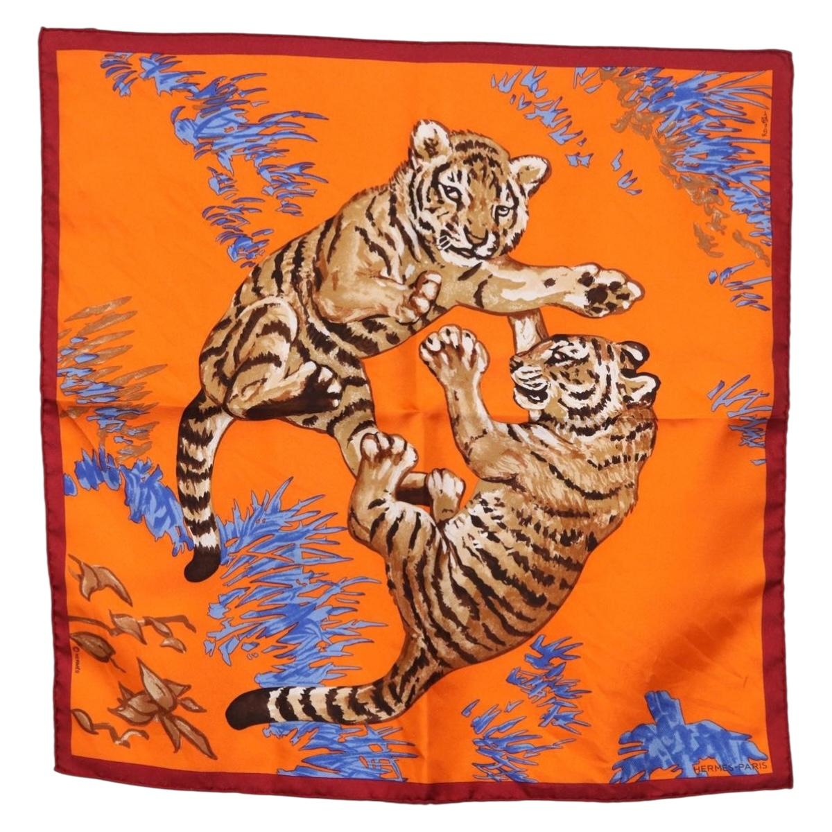 HERMES Carre 45 Scarf ""Les Tigreaux"" Silk Orange Auth 190026SAM