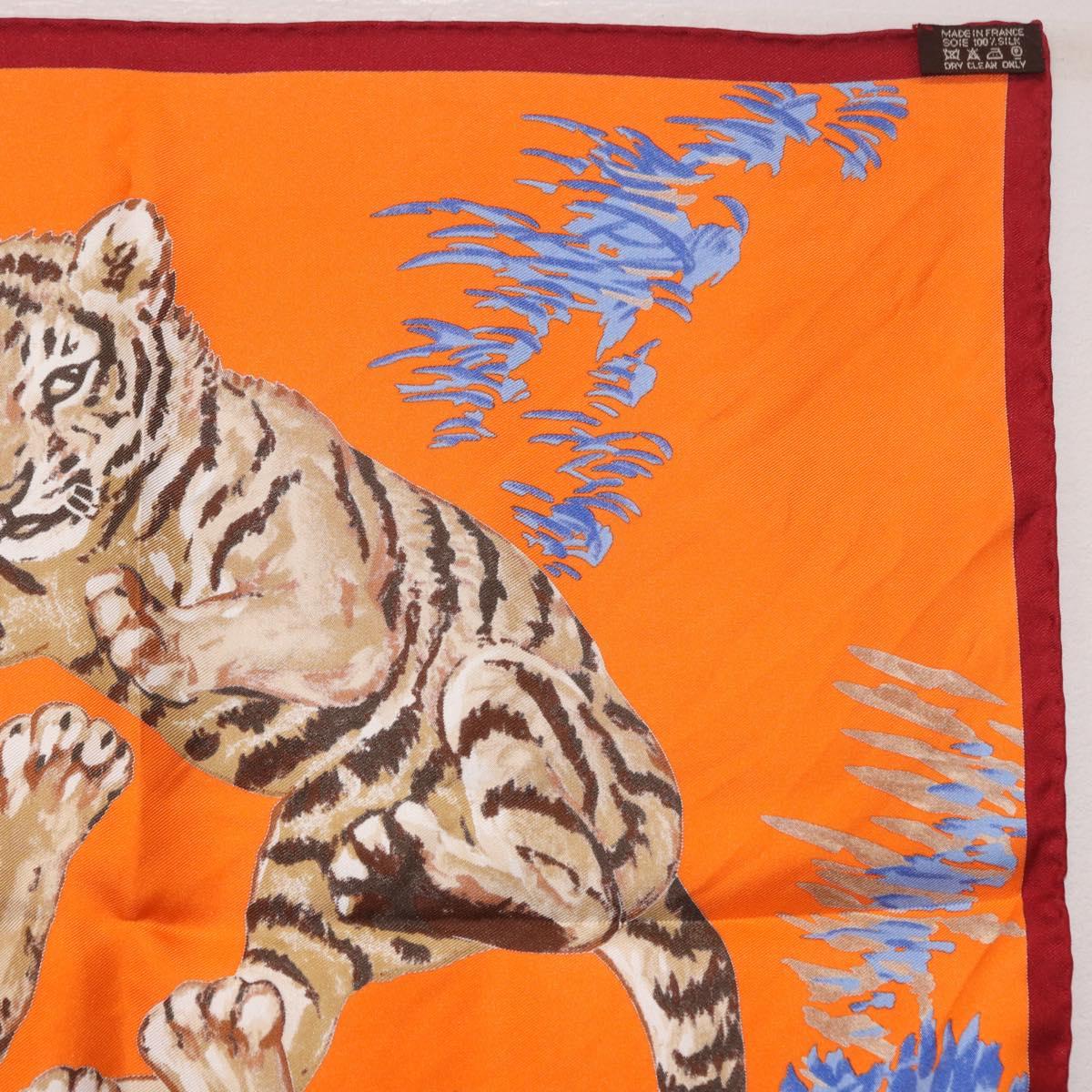 HERMES Carre 45 Scarf ""Les Tigreaux"" Silk Orange Auth 190026SAM