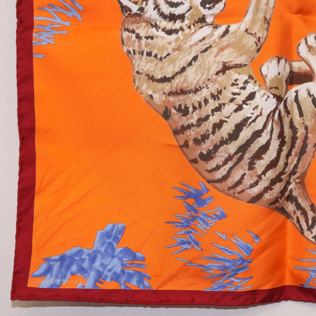 HERMES Carre 45 Scarf ""Les Tigreaux"" Silk Orange Auth 190026SAM