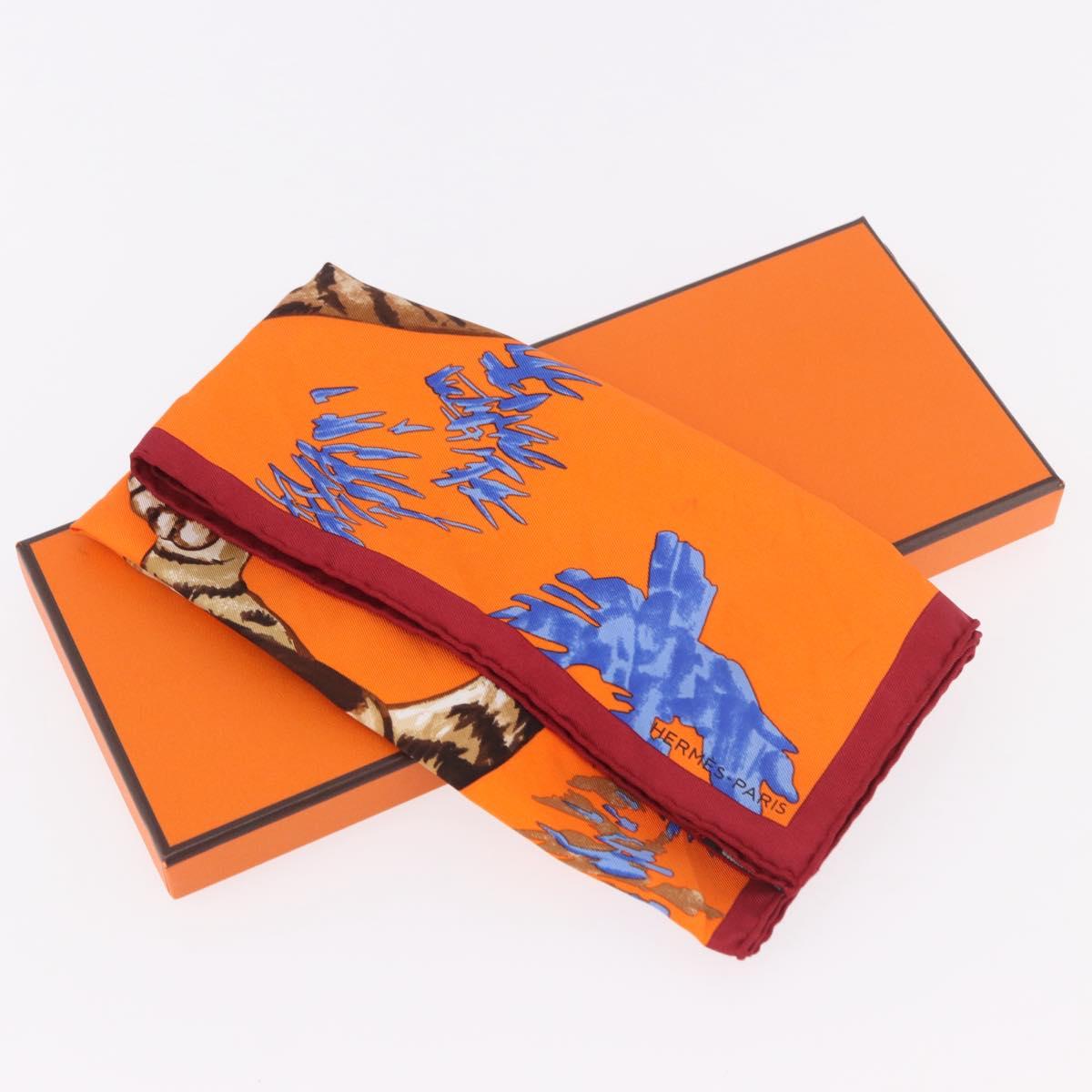 HERMES Carre 45 Scarf ""Les Tigreaux"" Silk Orange Auth 190026SAM