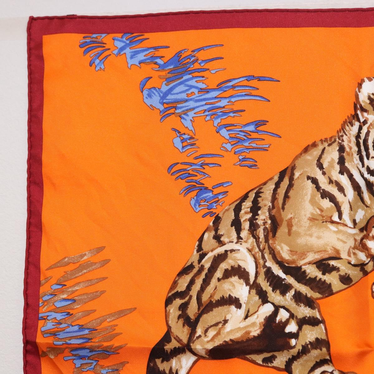 HERMES Carre 45 Scarf ""Les Tigreaux"" Silk Orange Auth 190026SAM
