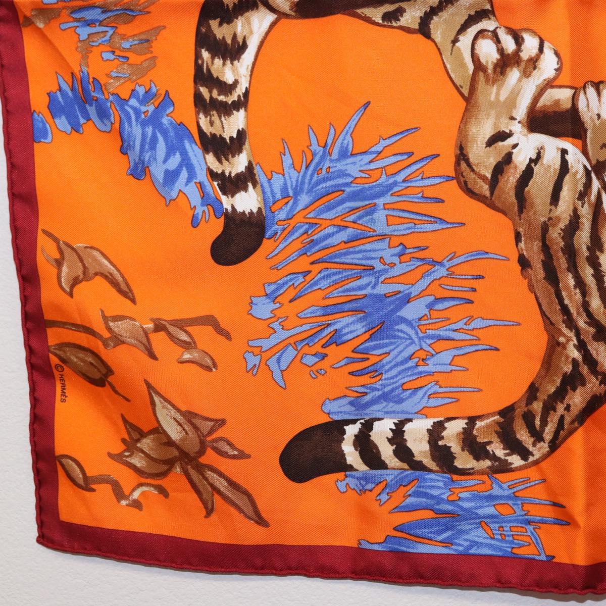 HERMES Carre 45 Scarf ""Les Tigreaux"" Silk Orange Auth 190026SAM