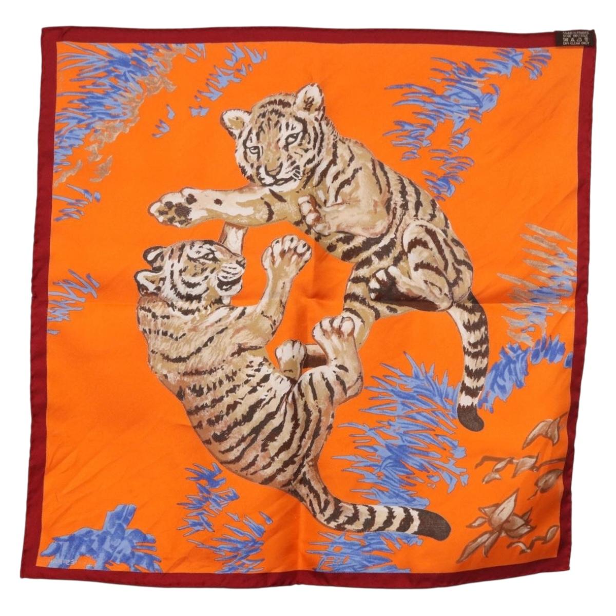 HERMES Carre 45 Scarf ""Les Tigreaux"" Silk Orange Auth 190026SAM