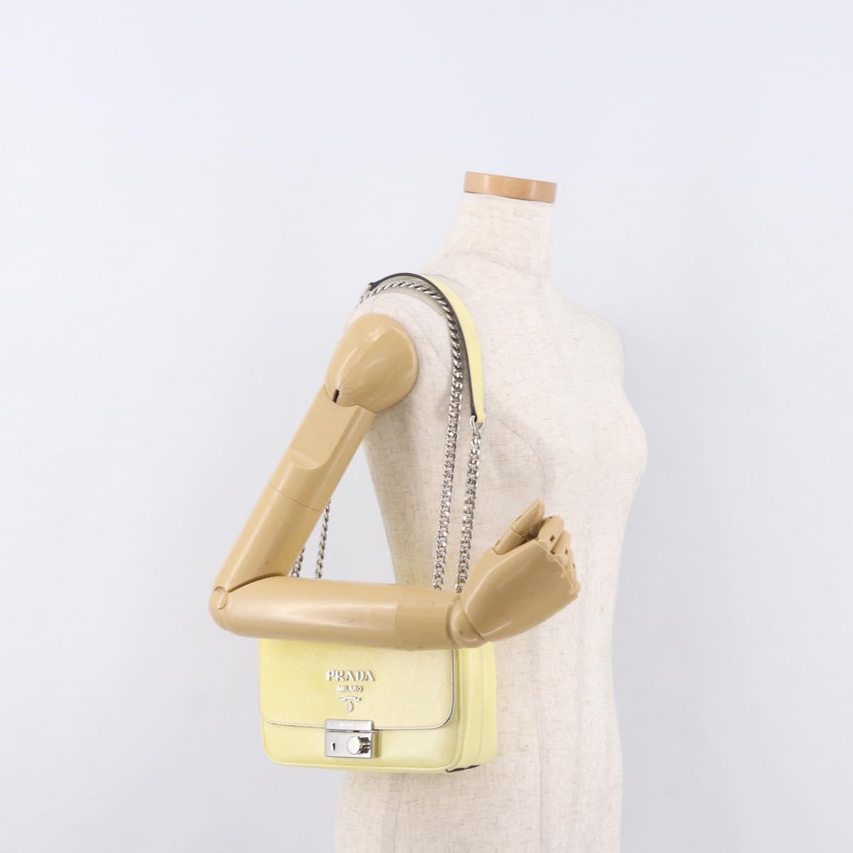 PRADA Chain Shoulder Bag Safiano Leather Yellow Silver Auth 190027A