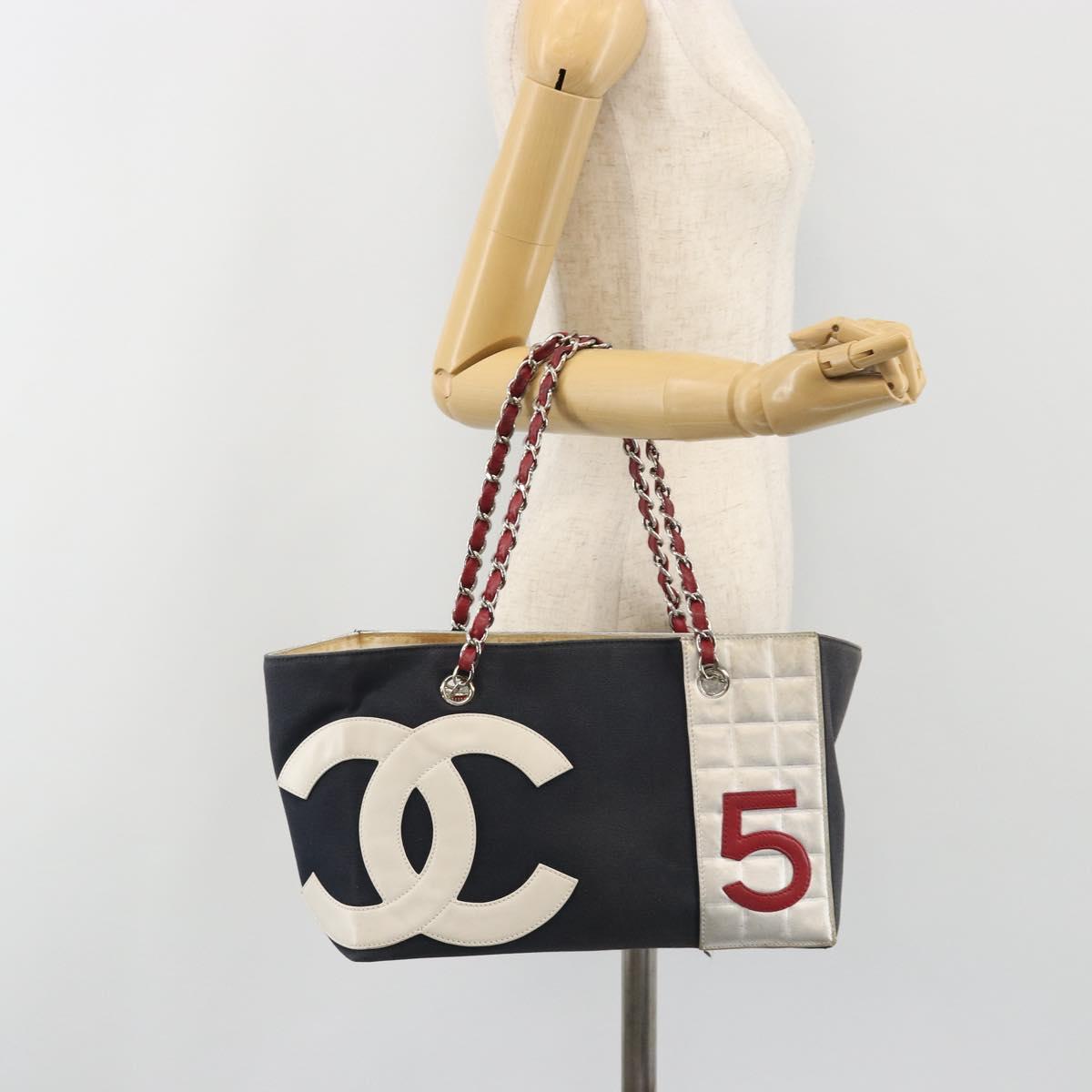 CHANEL Choco Bar Chain Shoulder Tote Bag Canvas Navy Silver CC Auth 190045A