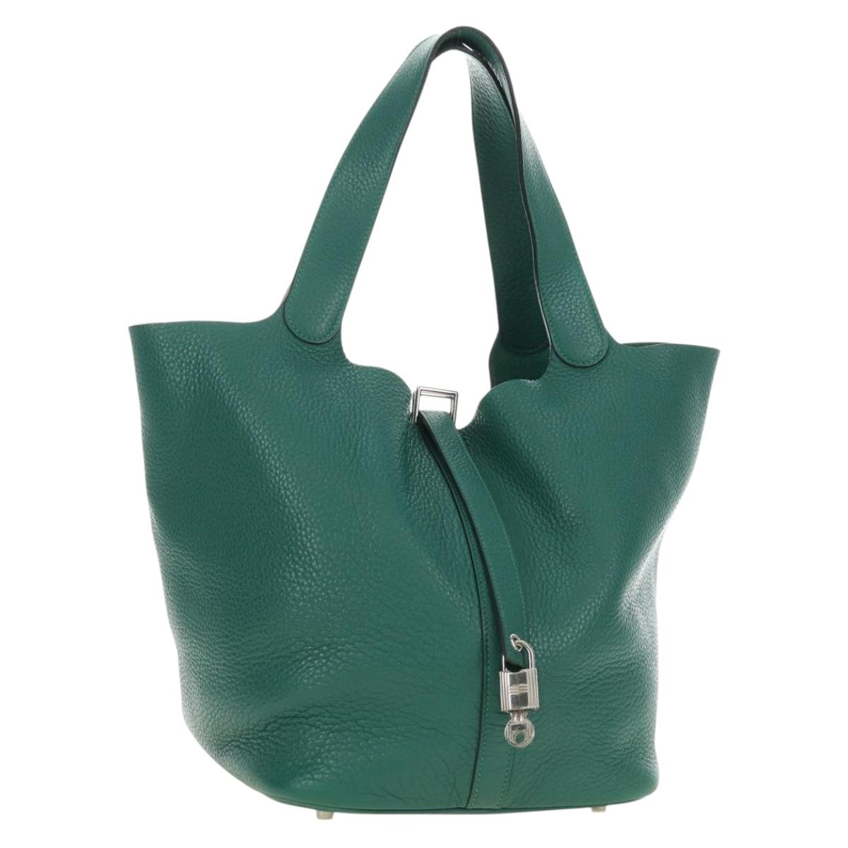 HERMES Picotan Lock GM Hand Bag Taurillon Clemence Green Silver Auth 190070SAM
