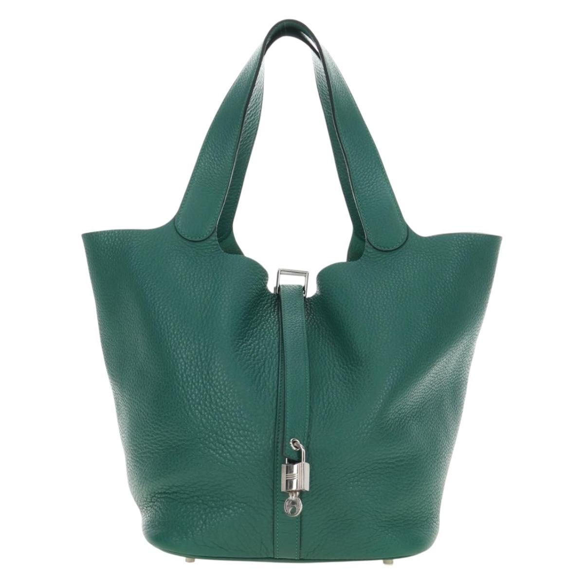 HERMES Picotan Lock GM Hand Bag Taurillon Clemence Green Silver Auth 190070SAM