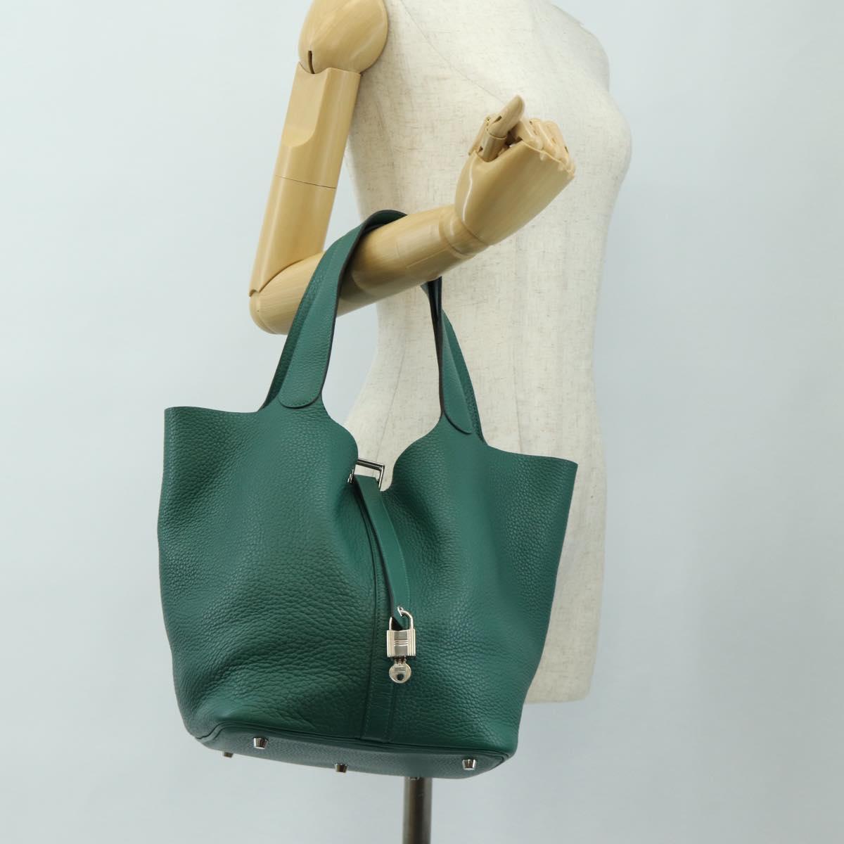 HERMES Picotan Lock GM Hand Bag Taurillon Clemence Green Silver Auth 190070SAM