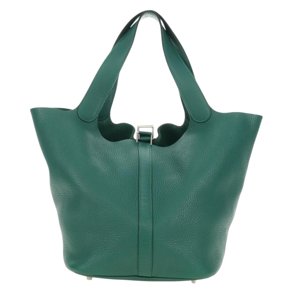 HERMES Picotan Lock GM Hand Bag Taurillon Clemence Green Silver Auth 190070SAM