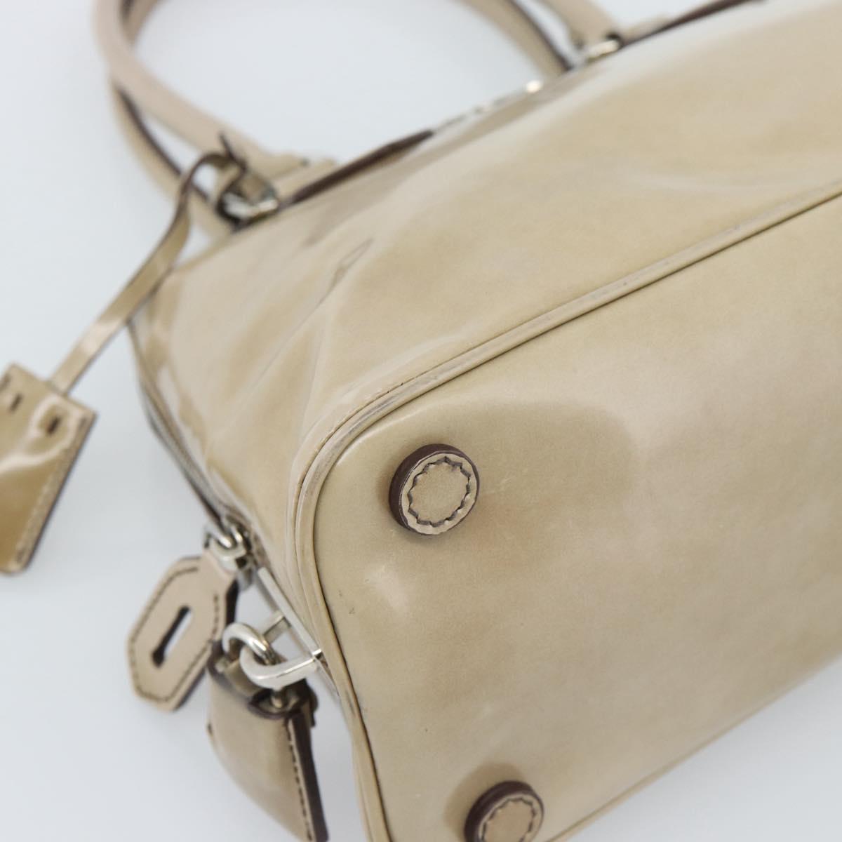 PRADA Hand Bag Patent Leather Beige Silver Auth 190075A