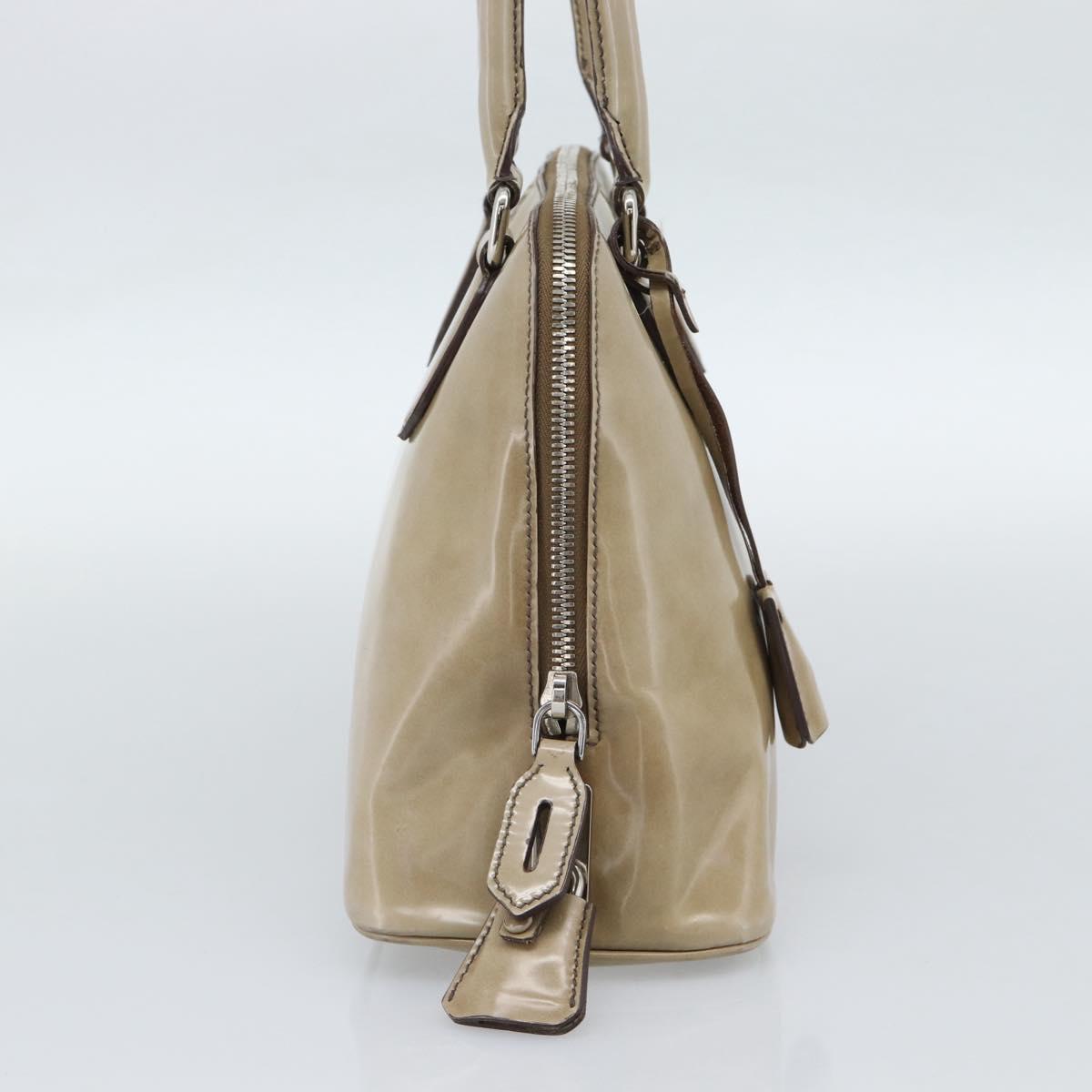 PRADA Hand Bag Patent Leather Beige Silver Auth 190075A