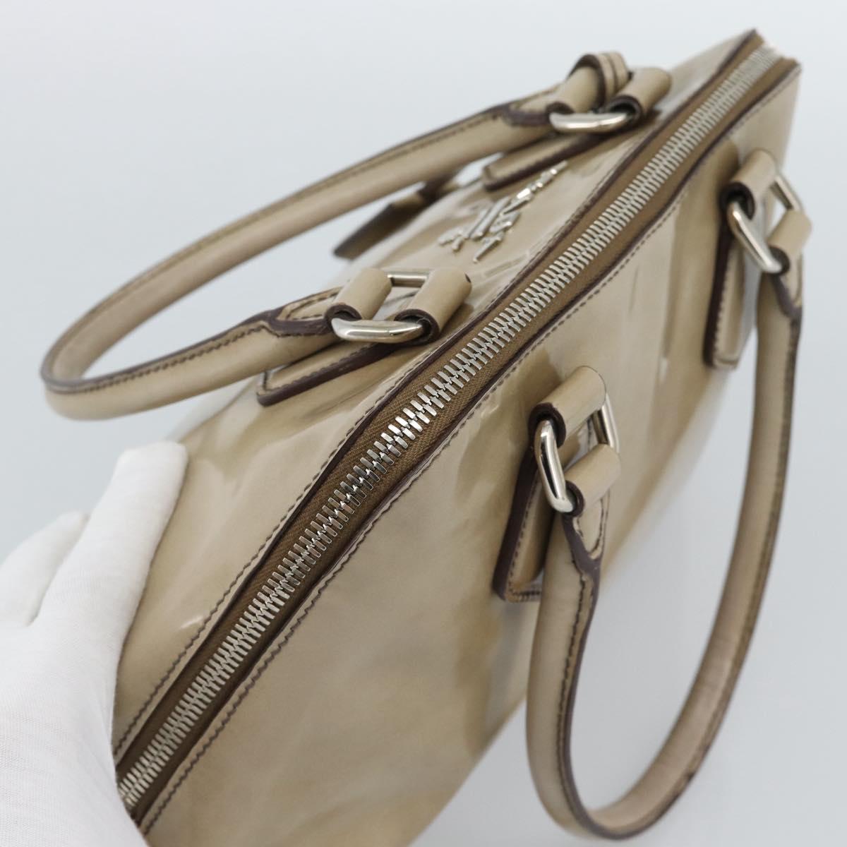 PRADA Hand Bag Patent Leather Beige Silver Auth 190075A