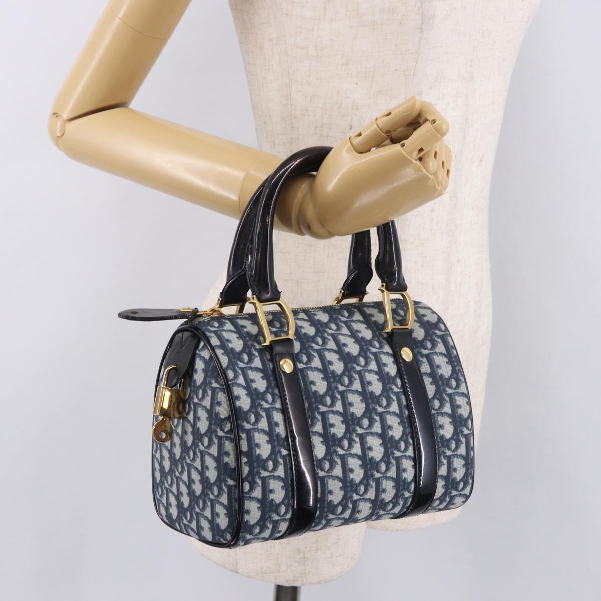 Christian Dior Trotter Canvas Hand Bag PVC Navy Gold Auth 190076SAV