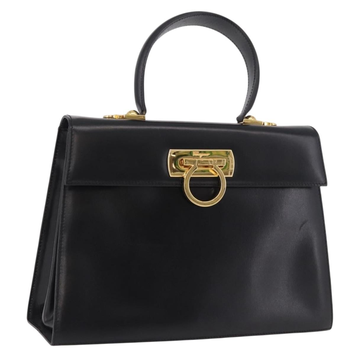 Salvatore Ferragamo Gancini Hand Bag Leather 2way Black Gold Auth 190078