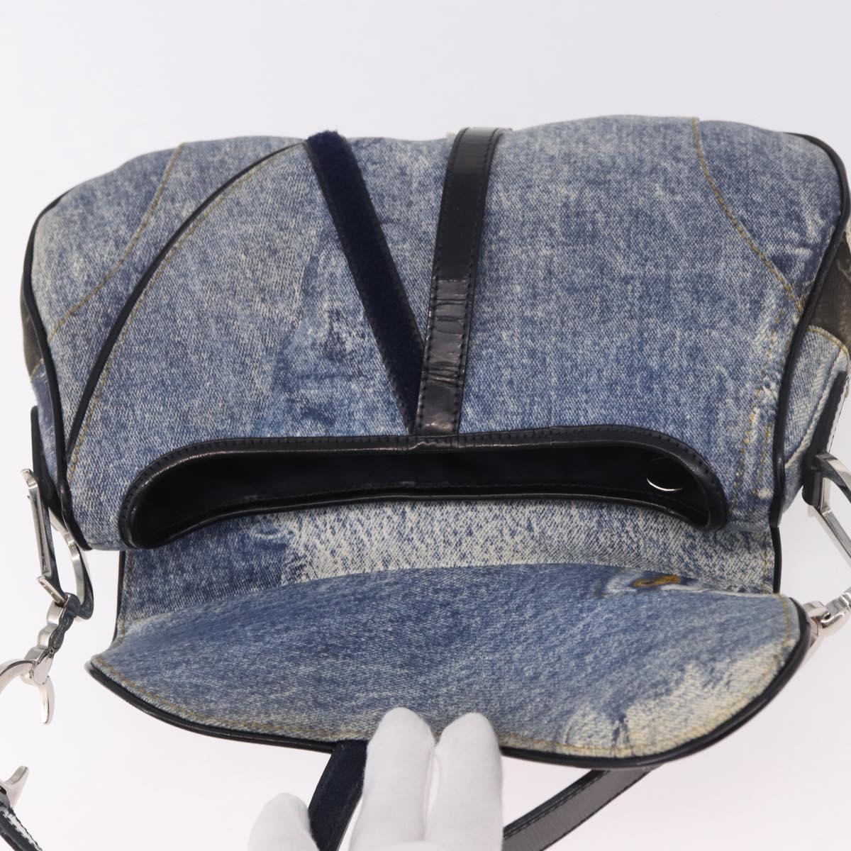 Christian Dior Double Saddle Hand Bag Denim Blue Silver Auth 190088SAM