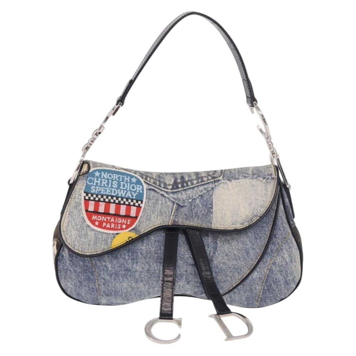 Christian Dior Double Saddle Hand Bag Denim Blue Silver Auth 190088SAM
