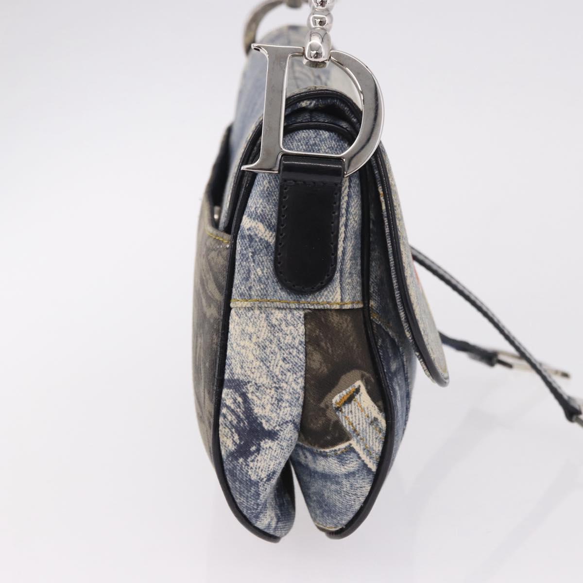 Christian Dior Double Saddle Hand Bag Denim Blue Silver Auth 190088SAM
