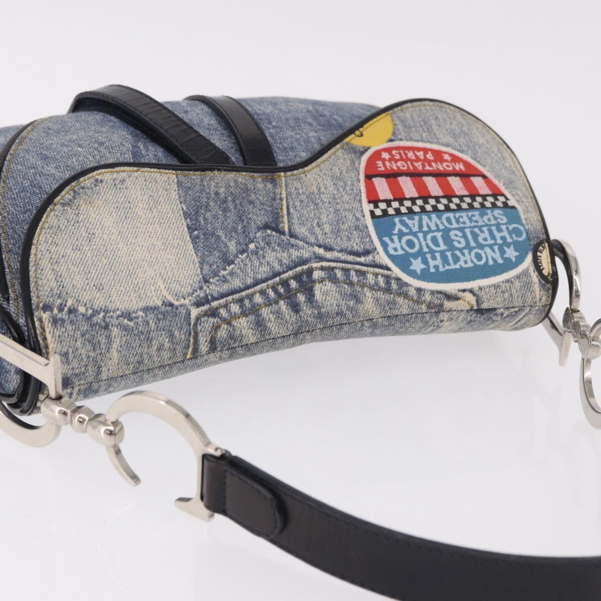 Christian Dior Double Saddle Hand Bag Denim Blue Silver Auth 190088SAM