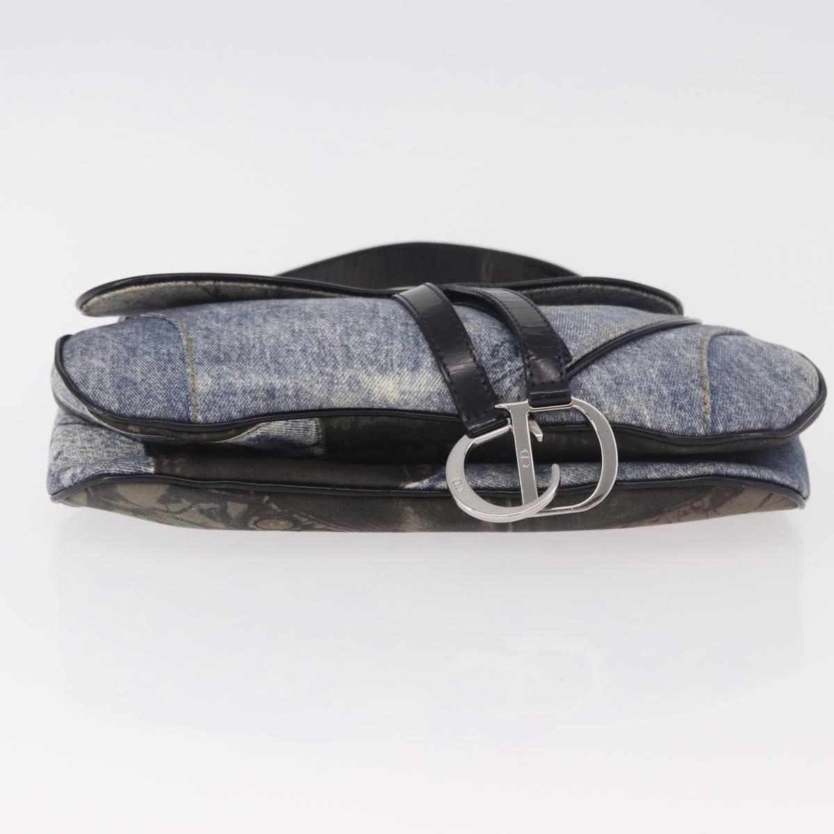 Christian Dior Double Saddle Hand Bag Denim Blue Silver Auth 190088SAM