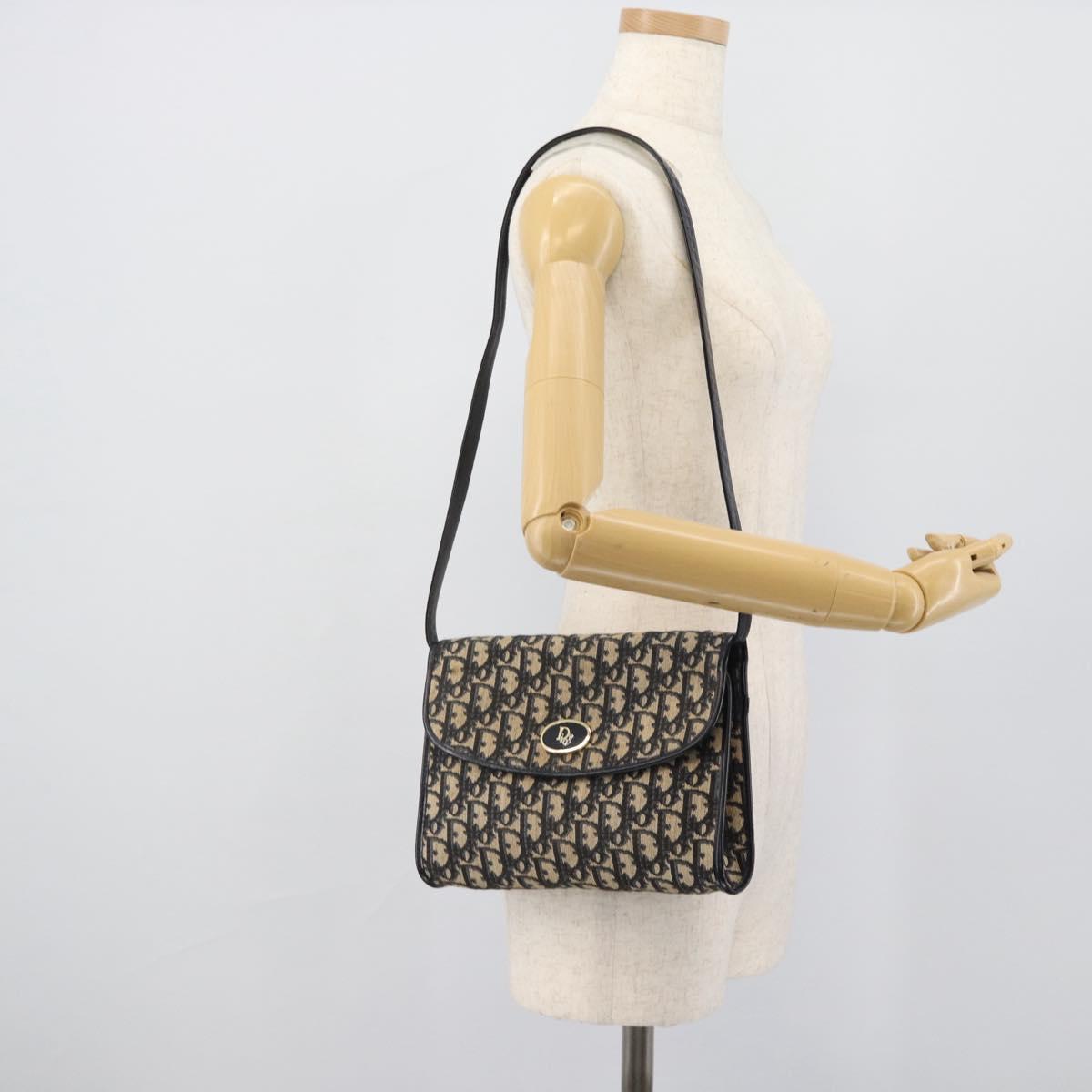 Christian Dior Trotter Canvas Shoulder Bag Navy Gold Auth 190094A