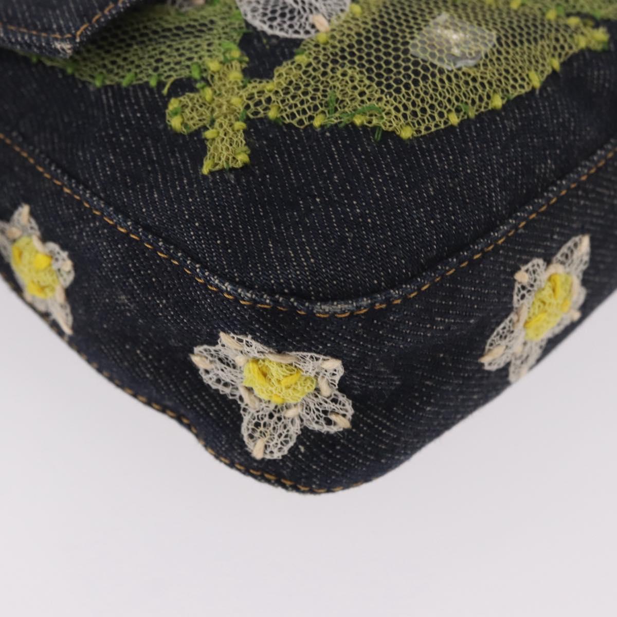 FENDI Mamma Baguette Bag Denim Flower Embroidery Navy Silver Auth 190100SAM