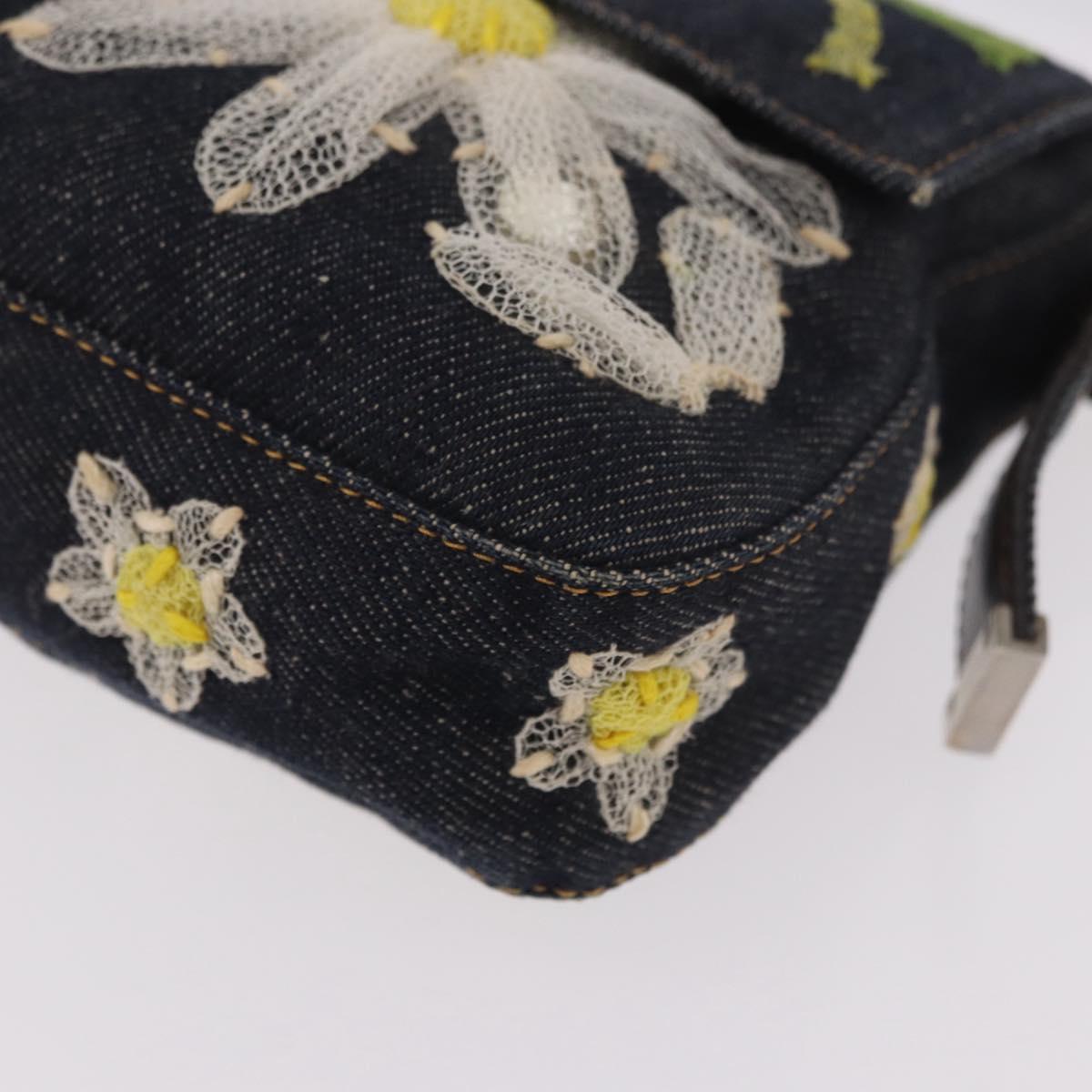 FENDI Mamma Baguette Bag Denim Flower Embroidery Navy Silver Auth 190100SAM