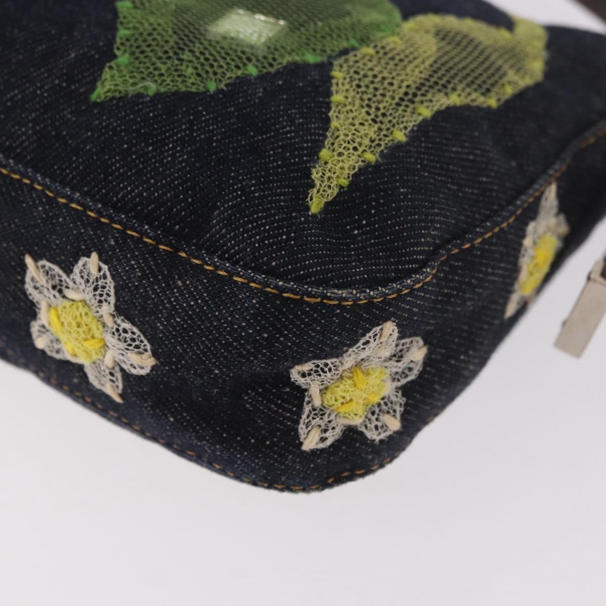 FENDI Mamma Baguette Bag Denim Flower Embroidery Navy Silver Auth 190100SAM