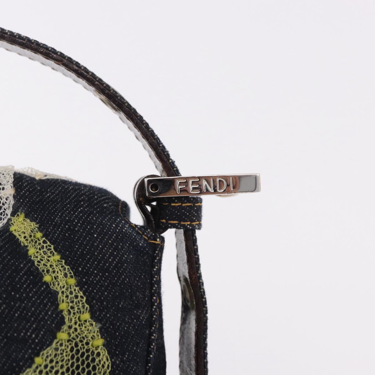 FENDI Mamma Baguette Bag Denim Flower Embroidery Navy Silver Auth 190100SAM