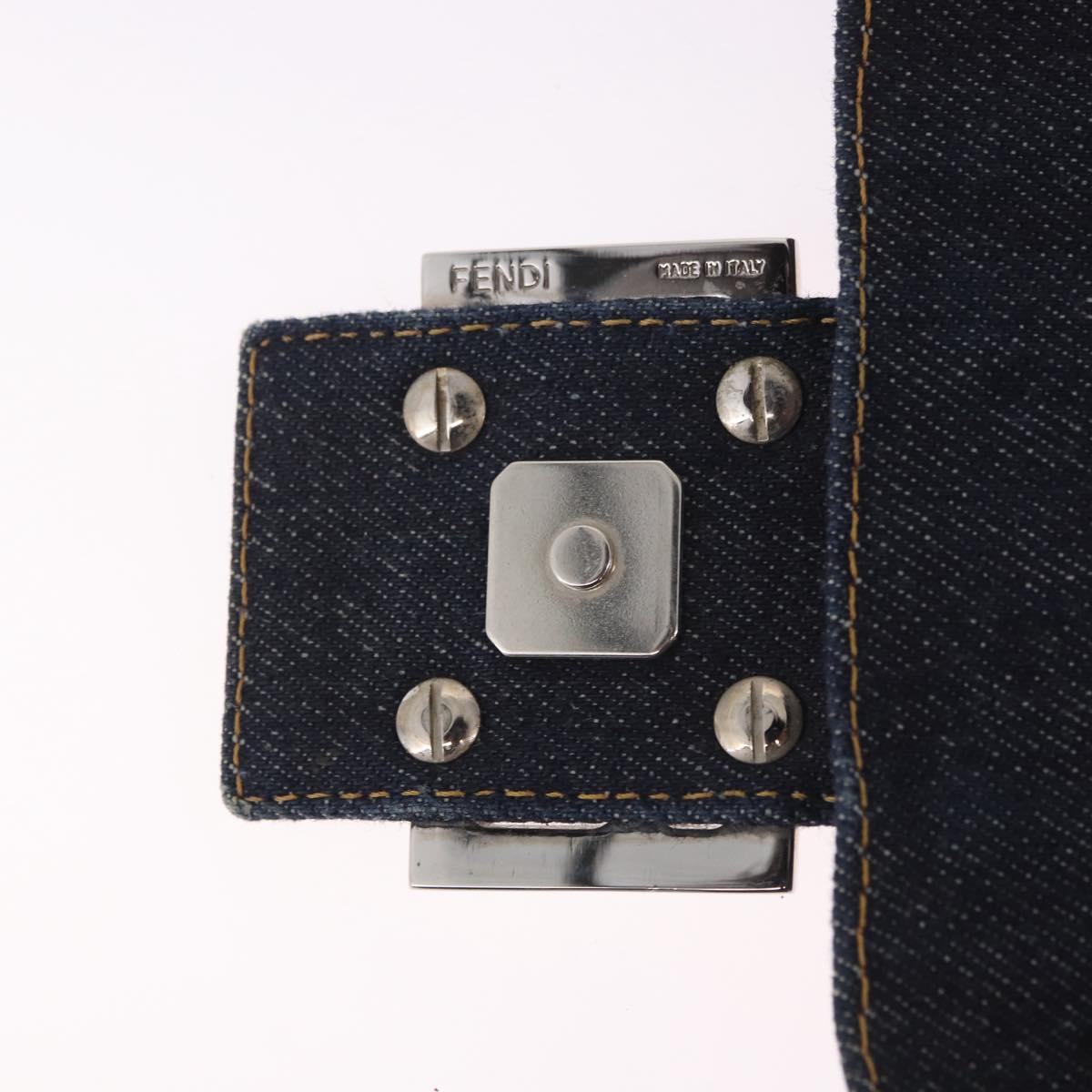 FENDI Mamma Baguette Bag Denim Flower Embroidery Navy Silver Auth 190100SAM