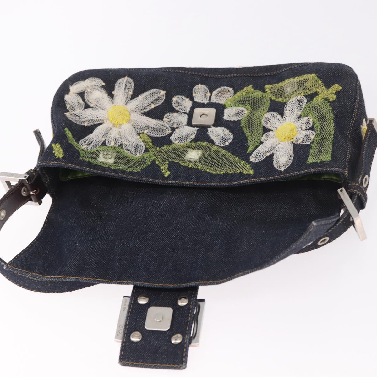 FENDI Mamma Baguette Bag Denim Flower Embroidery Navy Silver Auth 190100SAM