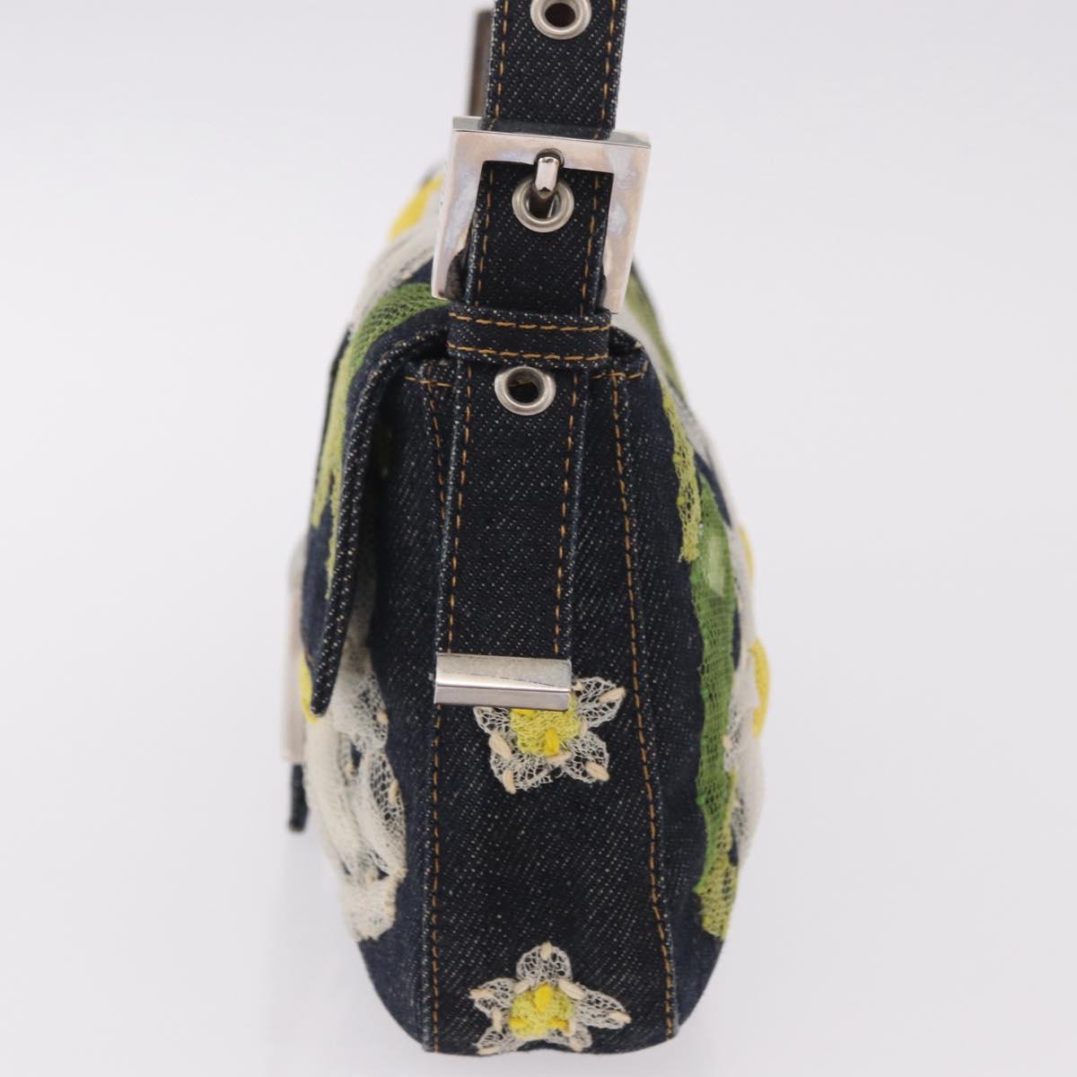 FENDI Mamma Baguette Bag Denim Flower Embroidery Navy Silver Auth 190100SAM