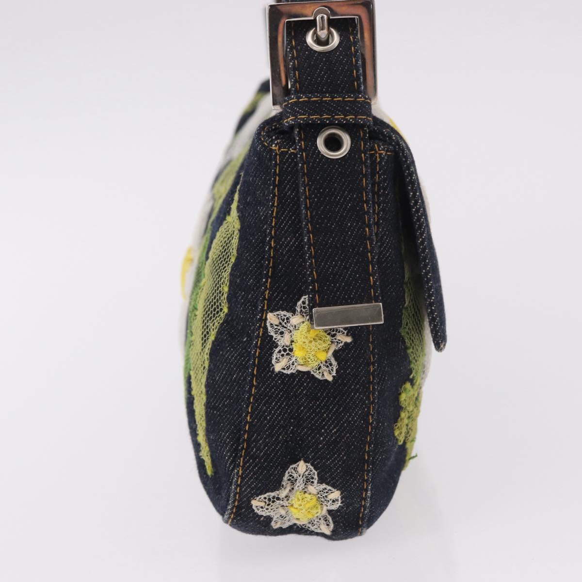 FENDI Mamma Baguette Bag Denim Flower Embroidery Navy Silver Auth 190100SAM