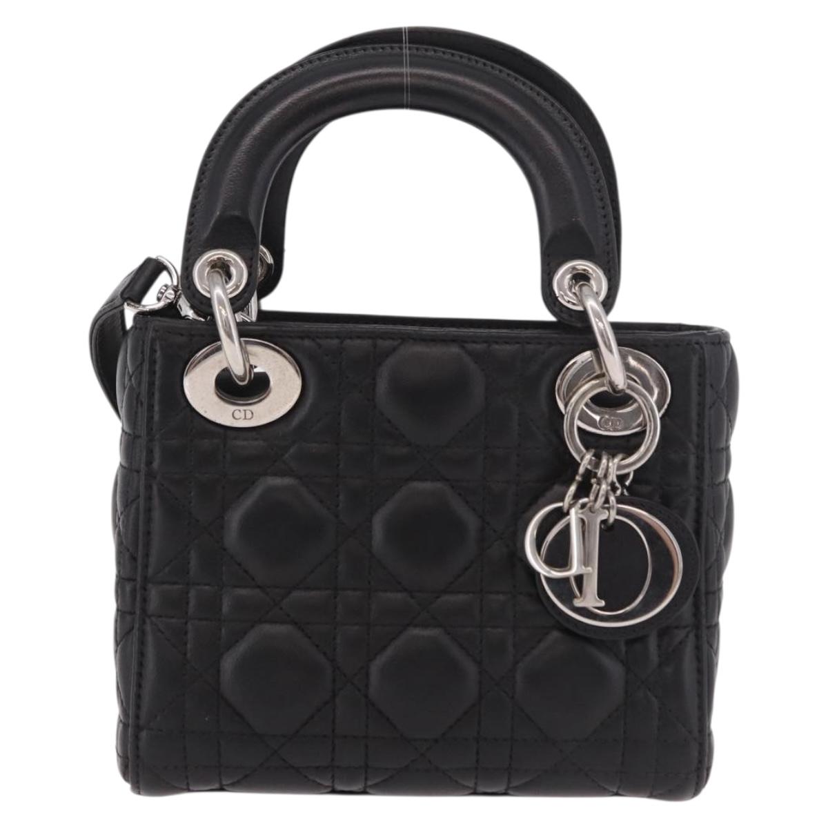 Christian Dior Cannage Mini Hand Bag Lamb Skin 2way Black Silver Auth 190113A