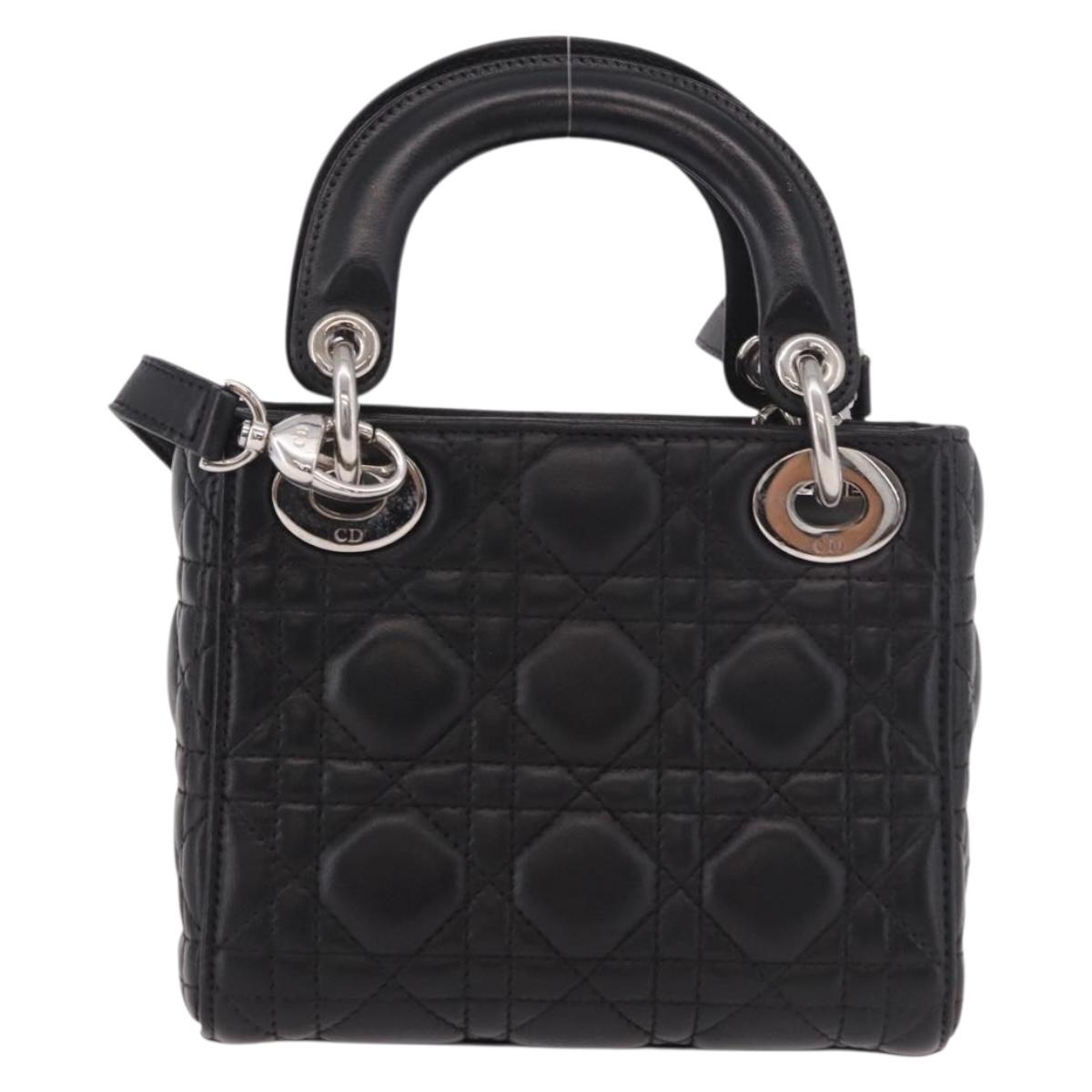 Christian Dior Cannage Mini Hand Bag Lamb Skin 2way Black Silver Auth 190113A