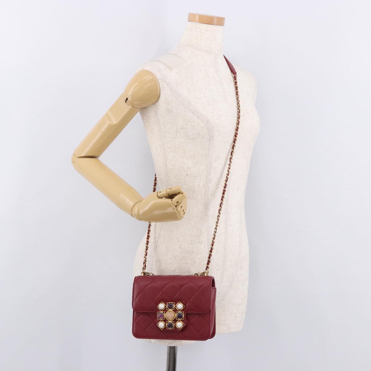 CHANEL Matelasse Chain Shoulder Bag Lamb Skin Red Gold CC Auth 190119SAM
