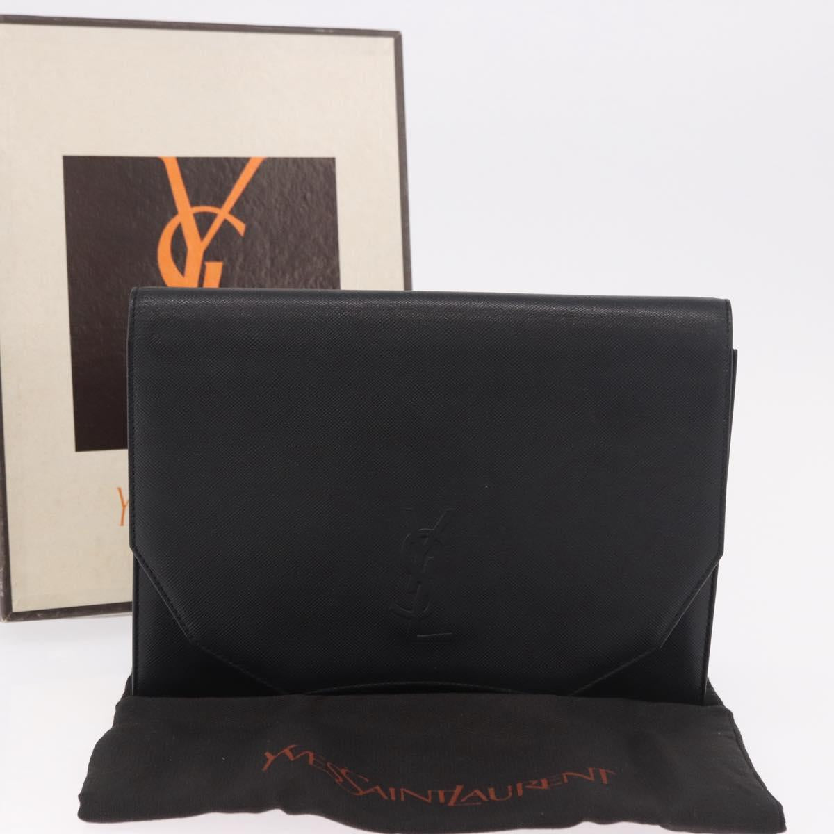 SAINT LAURENT Clutch Bag Leather Black Gold Auth 190126A