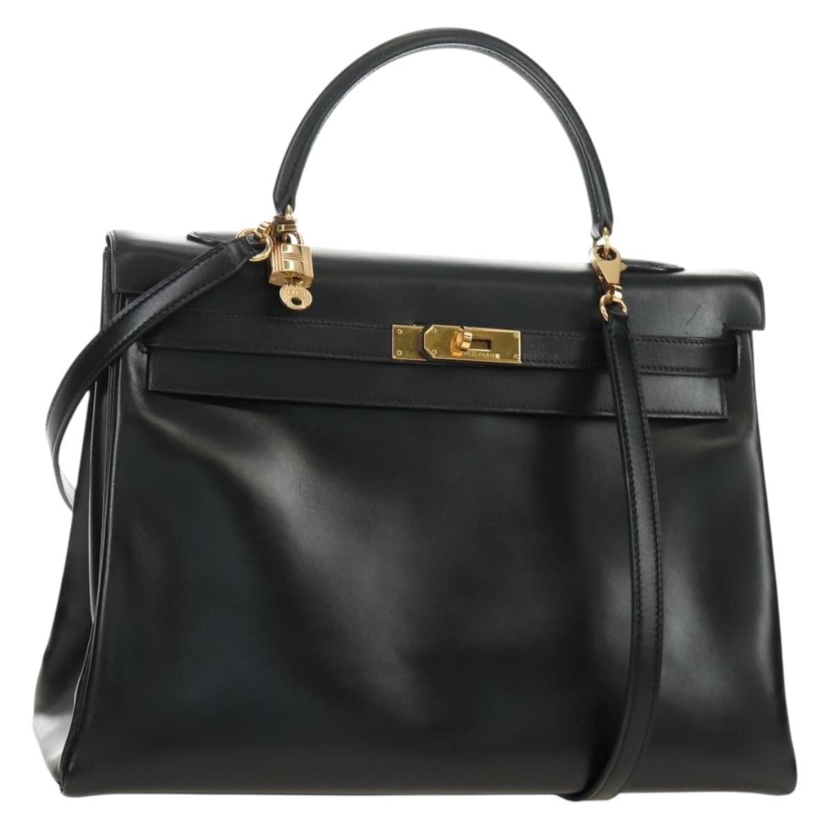HERMES Box Calf Kelly 32 Hand Bag Leather 2way Black Gold Auth 190133SM