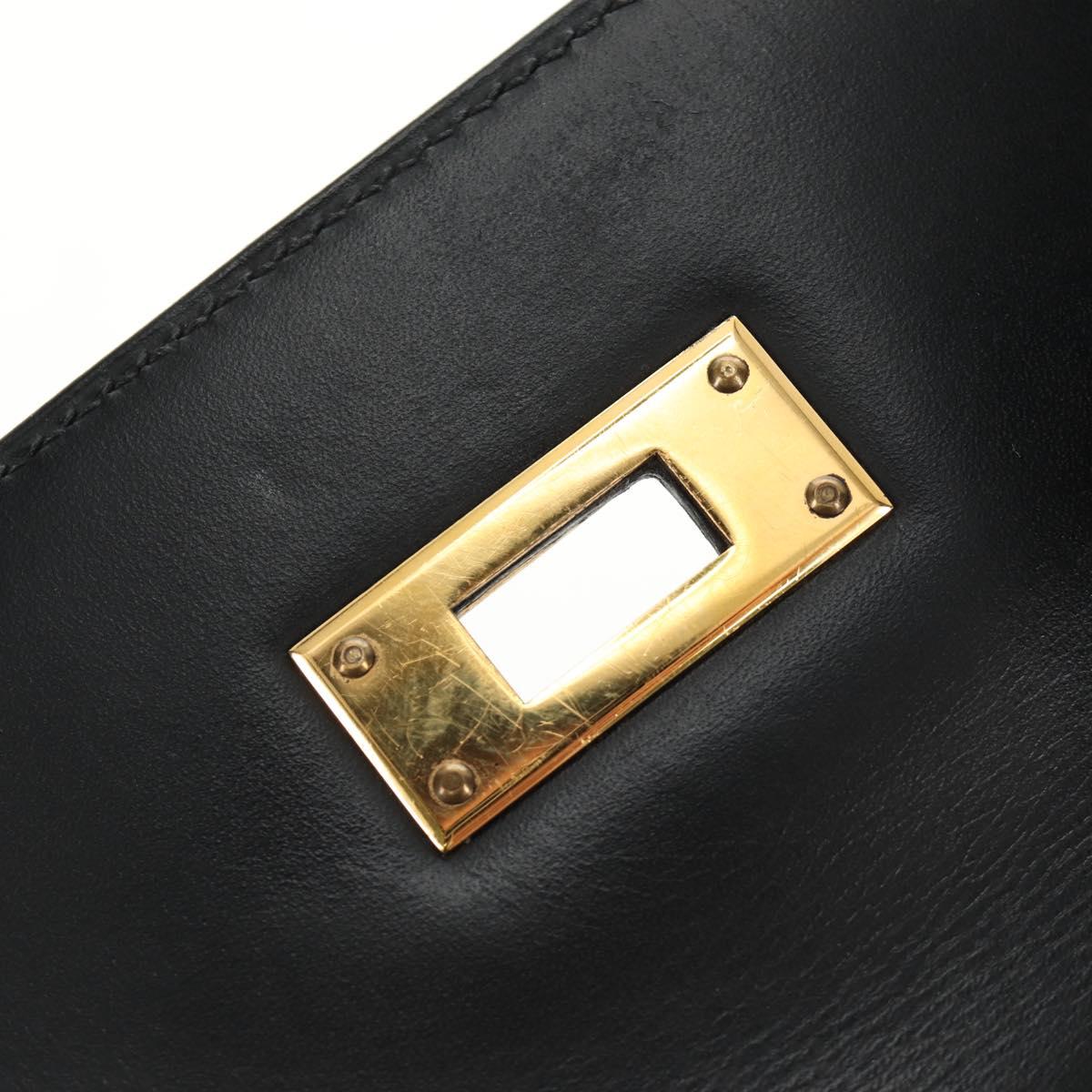HERMES Box Calf Kelly 32 Hand Bag Leather 2way Black Gold Auth 190133SM