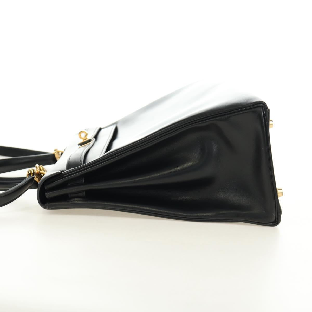HERMES Box Calf Kelly 32 Hand Bag Leather 2way Black Gold Auth 190133SM