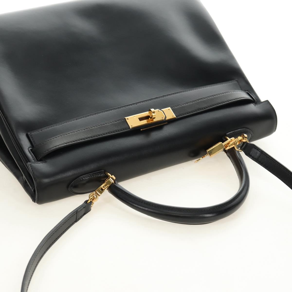 HERMES Box Calf Kelly 32 Hand Bag Leather 2way Black Gold Auth 190133SM