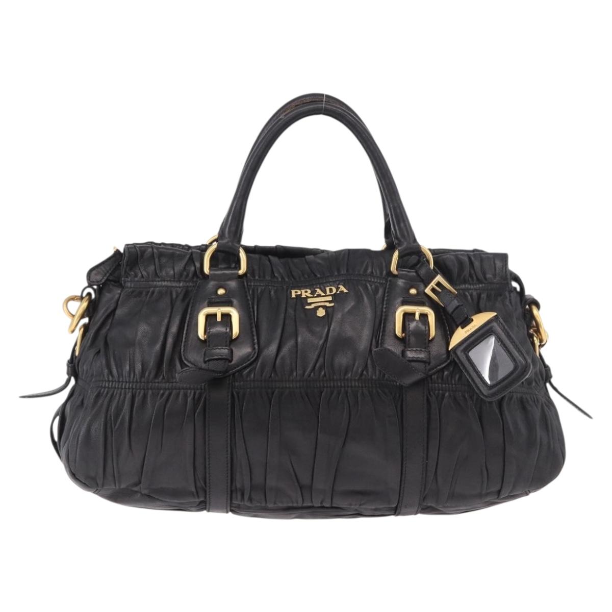 PRADA Gathered Hand Bag Leather 2way Black Gold Auth 190154V