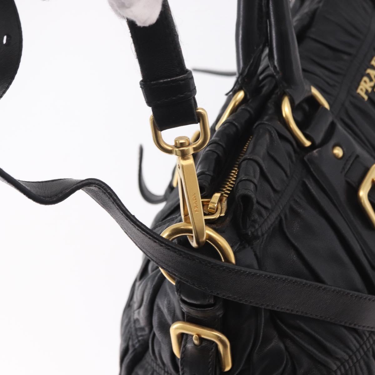 PRADA Gathered Hand Bag Leather 2way Black Gold Auth 190154V